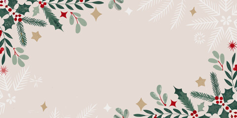 Holly berry and evergreen foliage pattern with golden star accents © Savankar