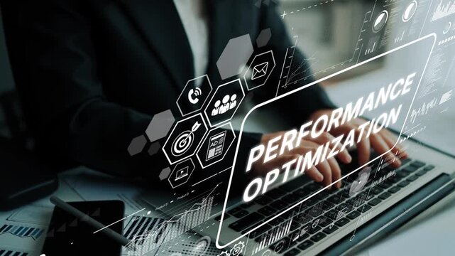 Business professional working on a laptop with holographic data visualizations for performance optimization strategies. Asymptotic smart data analytic.