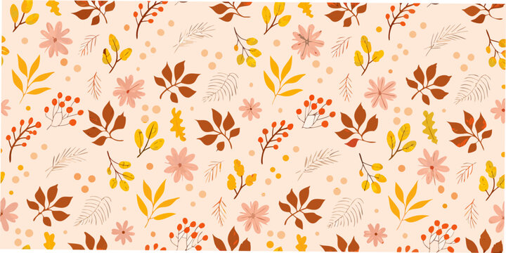 Floral and leaf pattern with autumnal colors on a peach background