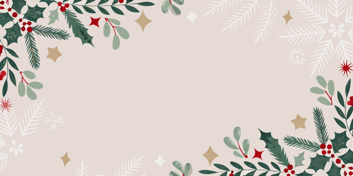 Holly berry and evergreen foliage pattern with golden star accents
