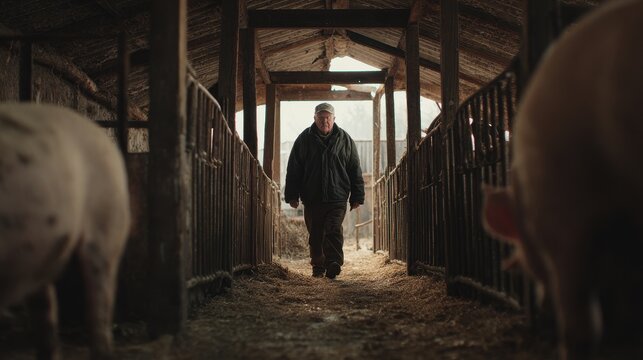 Farmer Walks Through Pig Barn with Straw Floor, and Morning Light Beams.