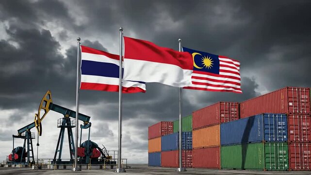 Thailand, indonesia, and malaysia flags waving at industrial oil field and shipping port with cargo containers under stormy sky