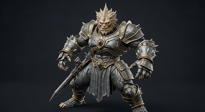 A fierce fantasy orc warrior in detailed spiked metal armor holding a weapon.