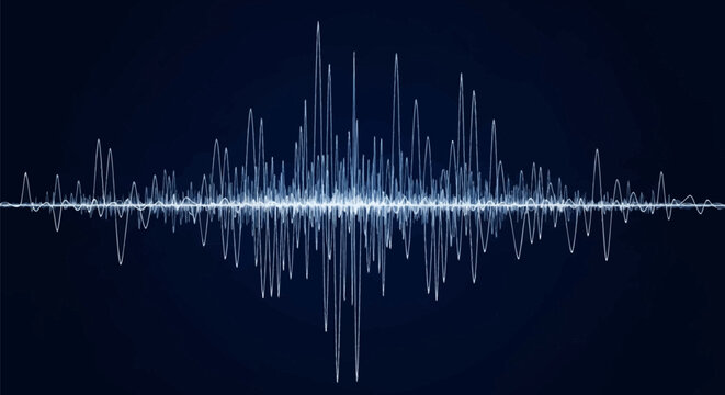 Digital frequency signal with white oscillating lines and varying peaks on a dark navy blue background, representing an oscilloscope, audio sound wave, or quantum data visualization.