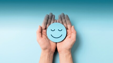 Fototapeta premium Two hands gently cradling a light blue circular icon featuring a peaceful and happy face