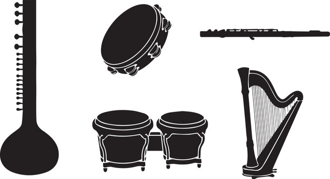 Diverse musical instrument collection icons with musical instruments sitar icon tambourine icon bongo drums icon flute icon harp icon world music