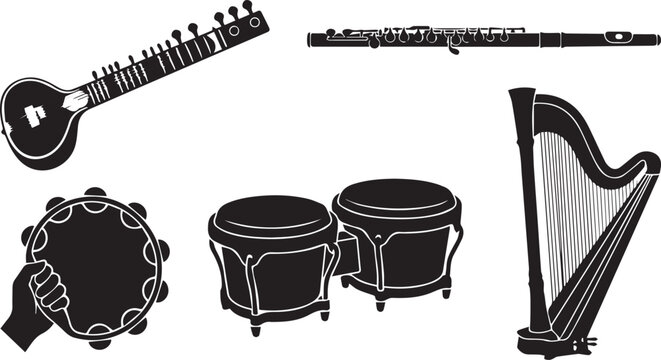 Assortment of world music instrument silhouettes with musical instruments ethnic instruments black and white sound production silhouettes tambourine