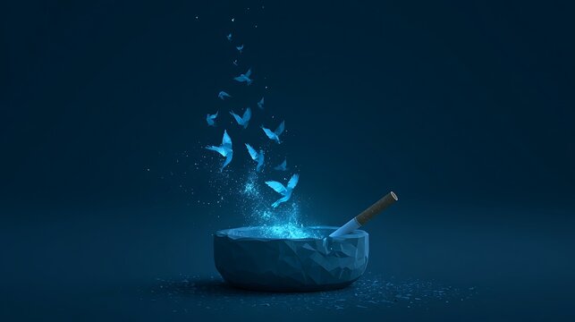 Cigarette smoke turning into ethereal glowing birds