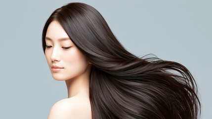 Fototapeta premium Woman asian long hair straight hair smooth hair shiny hair silky hair beauty female model serene woman asian long hair flowing straight smooth