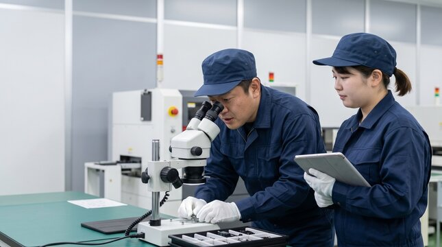 製造現場で顕微鏡による品質管理の研修を行う日本人ベテラン技術者とタブレットを持つ女性作業員
