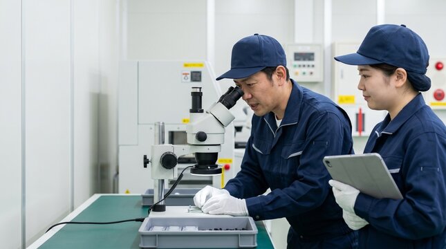 精密機器の製造工場で顕微鏡検査の技術指導を行うベテラン技術者とタブレットで確認する研修中の女性