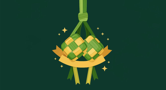 Vector illustration of two traditional green and yellow woven ketupats hanging with a gold ribbon banner and decorative sparkles on a solid dark green background for Eid al-Fitr.
