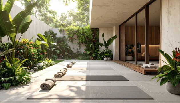 An empty luxury room with a wooden floor features a large glass window offering a bright indoor view of a tropical resort hotel with a pool nestled in a lush jungle garden