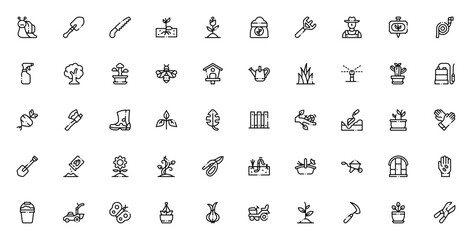 Gardening_8602 icon set. Vector illustration. Minimal thin line icons featuring snail, shovel, flower, tree, bee, cactus, butterfly, watering can, plant pot and more. © wang