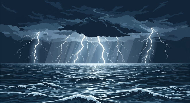 Vector illustration of a powerful lightning storm over a choppy ocean at night with multiple bright bolts striking from dark storm clouds into the turbulent sea waves and horizon.
