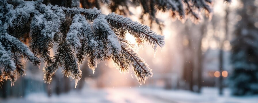 Snow-covered pine tree branches showing detailed needle textures and frost coating in a winter landscape
