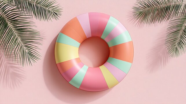 Striped inflatable swimming ring on pink background with palm leaf shadows