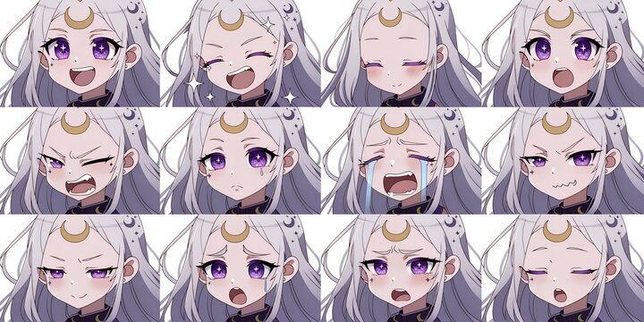 Anime Moon Witch Girl Character Expression Sheet Collection Featuring Twelve Head Portraits With Silver Hair Crescent Moon Symbol and Violet Eyes Showcasing Various Facial Emotions on White Background