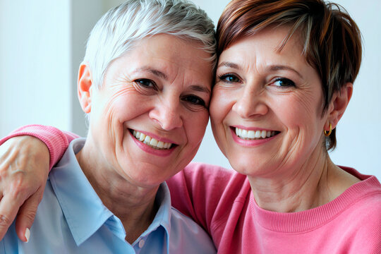 Portrait of two middle aged Caucasian women embracing and smiling at camera, expressing close relationship and support. Ideal for family lifestyle, friendship, caregiving campaigns