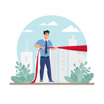 Businessman pulling red ribbon in city