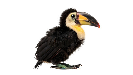 Obraz premium Small black toucan or aracari bird sitting alertly with a large distinct yellow beak on transparent background