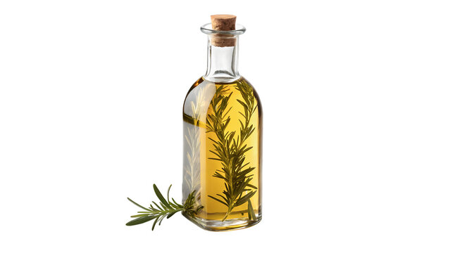 Clear glass bottle filled with organic yellow olive oil condiment for healthy culinary cooking on transparent background
