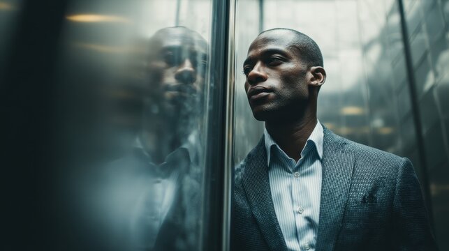 Business man in suit reflecting in modern elevator with deep in thought.