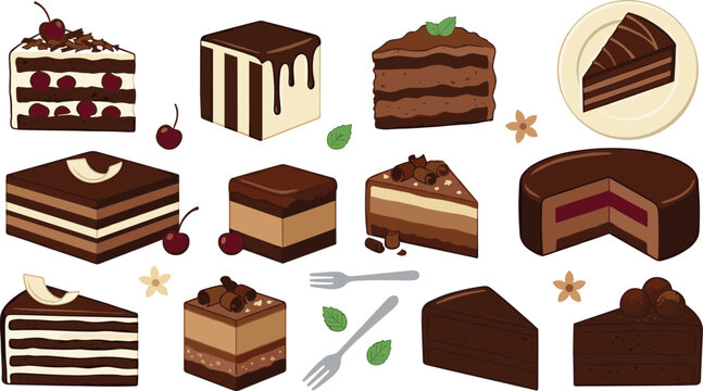 Food Slice Mini Icon Set with Pizza Bread Lasagna Quiche Cheesecake Chocolate Cake Watermelon and Apple Pie Flat Vector Illustration Collection