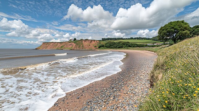 Sunny scenic beach with red cliffs with waves, and green fields and a beautiful cloudy sky.