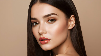 Naklejka premium beautiful woman model portrait with beautiful hair and eyes on beige background