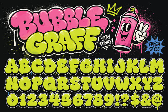 Graffiti bubble alphabet set, funky balloon organic typeface in trendy retro style for posters and street design