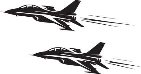 Military fighter jet vector silhouettes, supersonic combat aircraft flying in formation, black and white aviation icons for air force and defense © Shaiq