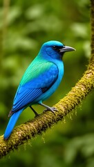 Obraz premium Vibrant blue bird with turquoise feathers perched on mossy branch surrounded by blurred green forest background in natural environment