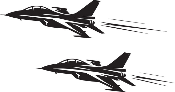 Military fighter jet vector silhouettes, supersonic combat aircraft flying in formation, black and white aviation icons for air force and defense