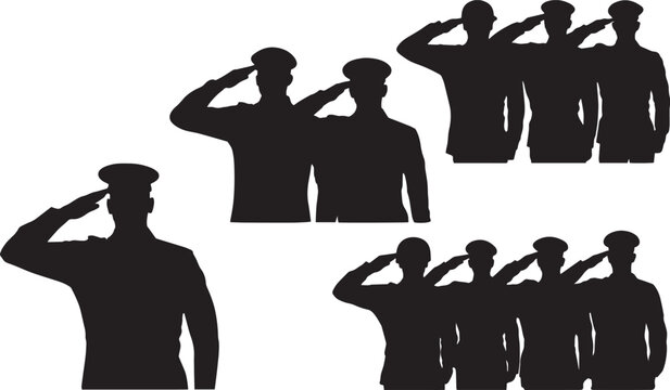 Military soldier silhouettes saluting in uniform, army personnel group vector set, black patriotic officer figures for memorial day and veterans tribute