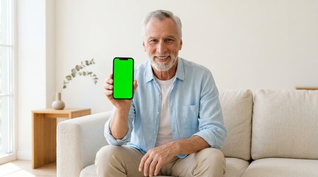 Senior Man Showing Blank Green Screen Smartphone While Sitting On Minimalist Room