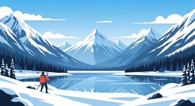 Vector landscape illustration featuring a lone hiker in orange winter gear looking over a calm blue lake reflecting snow-capped mountain peaks and dense evergreen pine forests.