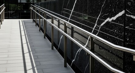 Obraz premium Modern accessibility ramp with stainless steel handrails and elegant black marble wall background in an urban setting.