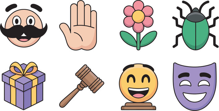 funny prank day vector icons, mustache face, raised hand, flower, bug, hammer, smile emoji, theater mask, humor collection party, isolated flat style illustration 