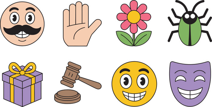 funny prank day vector icon set, mustache face character, raised hand gesture, flower symbol, bug illustration, hammer tool, smile emoji, theater mask, 