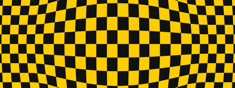 Yellow black checkerboard pattern on warped backdrop. Checker grid with squares, tiles,mosaic blocks in optical warp effect. Vector distorted texture design. Background for retro taxi template.