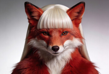 Fototapeta premium A striking portrait of a red fox with piercing eyes and a lush, fiery coat, wearing a platinum blonde wig, against a soft gray background