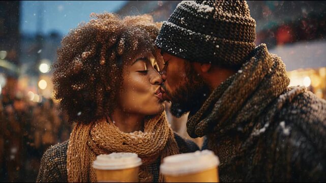 Happy young couple enjoying a winter date night, kissing under the falling snow at a market