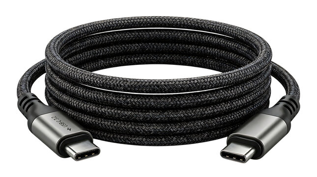 Coiled black usb cable with braided cord and metal connectors isolated on white background