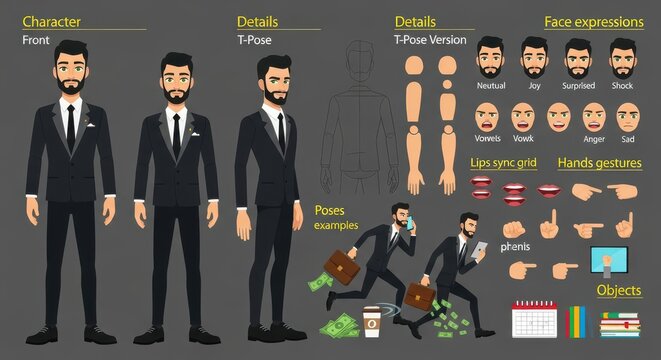 Businessman Character Design Sheet with Various Poses, Facial Expressions, Hand Gestures, and Office Objects for Animation