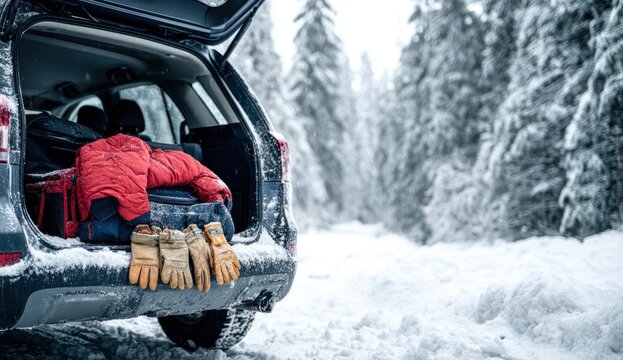 Suv trunk open in snowy winter forest scene with winter gloves, red jacket, and various supplies ready for outdoor activity