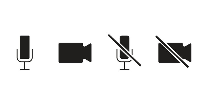 Microphone and camera icon set black mute audio video call buttons vector symbols for online meeting interface