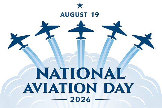 National aviation day celebration graphic featuring five blue silhouettes of airplanes flying in formation with vapor trails and commemorative text centered on a clean white background for this specia