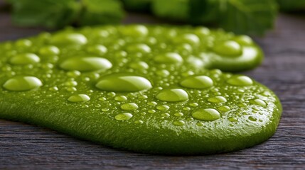 Obraz premium Green viscous liquid droplets on wooden surface close up for organic texture background and abstract design