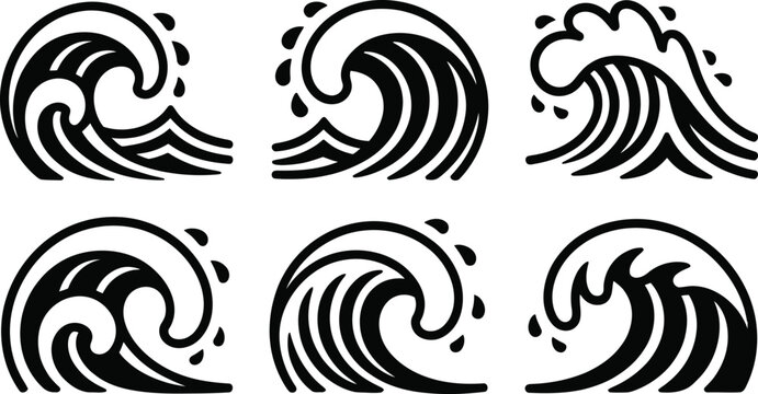 Ocean waves vector icon set black sea water surf splash